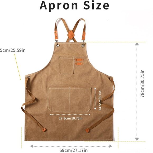 Canvas Cross Back Chef Cotton Aprons for Men Women with Large Pockets - Picture 7 of 7
